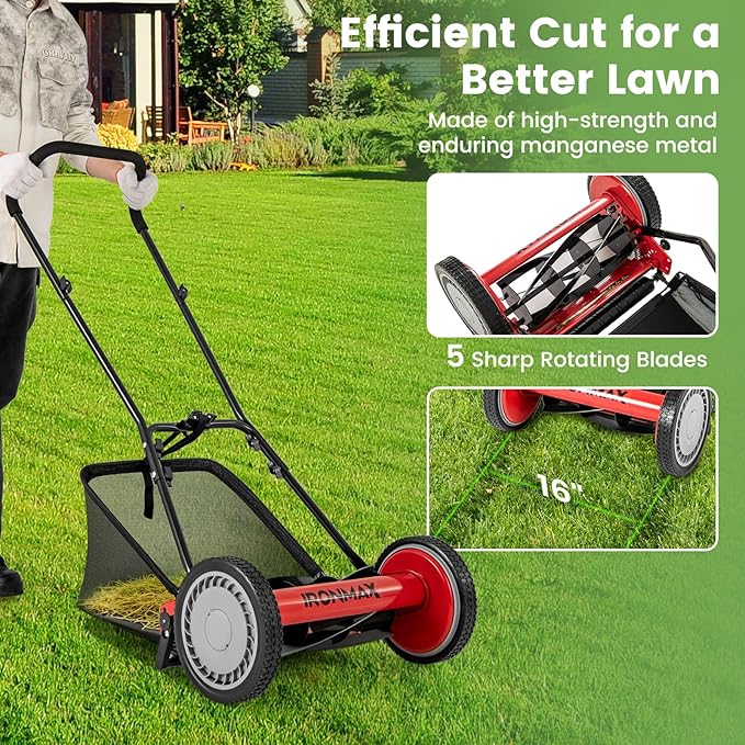 IRONMAX Lawn Mower, 16 Inch Push Reel Lawn Mower with 5 Steel Blades, Adjustable Cutting Heights, Grass Catcher Bag, Walk-Behind Manual Lawnmower for Garden Park Yard, No Motor (Red, 16 Inch)