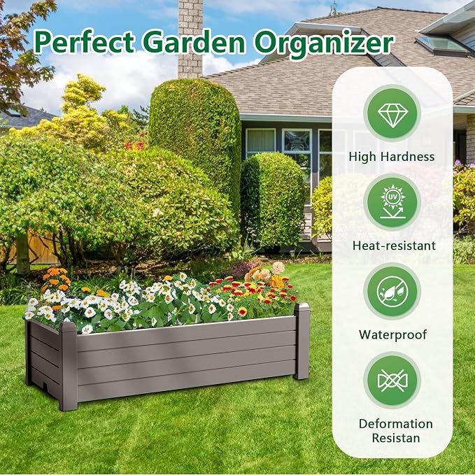 PatioZen Raised Garden Bed, 21 Gallon Self-Watering Outdoor Raised Planter Box with Drainage Plug and Gauge for Vegetables, Flowers and Herbs, Durable Rustproof Resin for Backyard Patio Porch (Grey)
