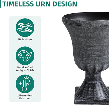 2-Pack 22" Washed Black Plastic Urn Planters with Drainage Holes | Set of 2 PP urn planters with antique washed finish, 3D texture, drainage plugs, and UV-treated surface for porch or patio