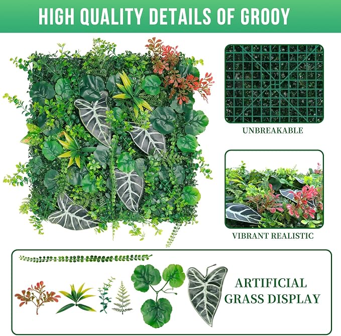 Grooy 20"x20"(16pcs) Grass Wall, Artificial Boxwood Panels, Grass Backdrop Wall for Privacy Screen, Sun Protected Green Hedge Panels for Outdoor, Indoor, Garden, Fence, Backyard and Décor