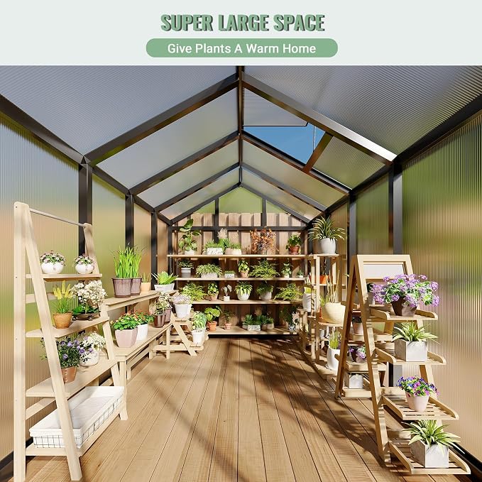 6x8 FT Greenhouse, Outdoor Sliding Door, Polycarbonate Greenhouse with Aluminum Frame, Lockable Door and Ajustable Roof Vent for Backyard, Outside Garden Backyard, Patio, Black