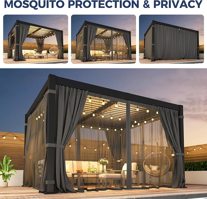 10' x 12' Louvered Pergola, Aluminum Frame Outdoor Pergola with Curtains & Netting, Adjustable Louvered Roof & Integrated Gutter System, Hardtop Patio Gazebo for Backyard, Patio, Garden, Dark Gray