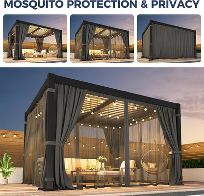 10' x 12' Louvered Pergola, Aluminum Frame Outdoor Pergola with Curtains & Netting, Adjustable Louvered Roof & Integrated Gutter System, Hardtop Patio Gazebo for Backyard, Patio, Garden, Dark Gray