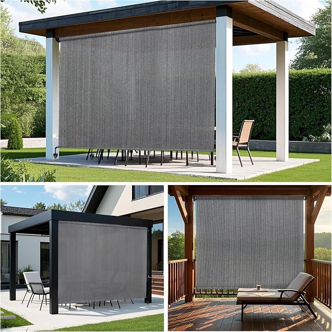 KANAGAWA Outdoor Roller Shade 7' W X 8' H, 220GSM HDPE Breathable Sun Shades Outdoor Patio, Crank Roll Up Window Shades for Porch Pergola Balcony, Light Grey