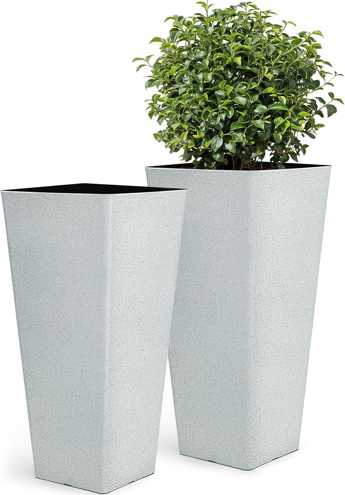 Autodaya 28" Extra-Large White Tall Planters Set of 2 Flower Pots | Tall White Planters for Outdoor Plants, Balcony, Porch, Living Room Corner, Garden, Patio, Deck, or Entryway Decor