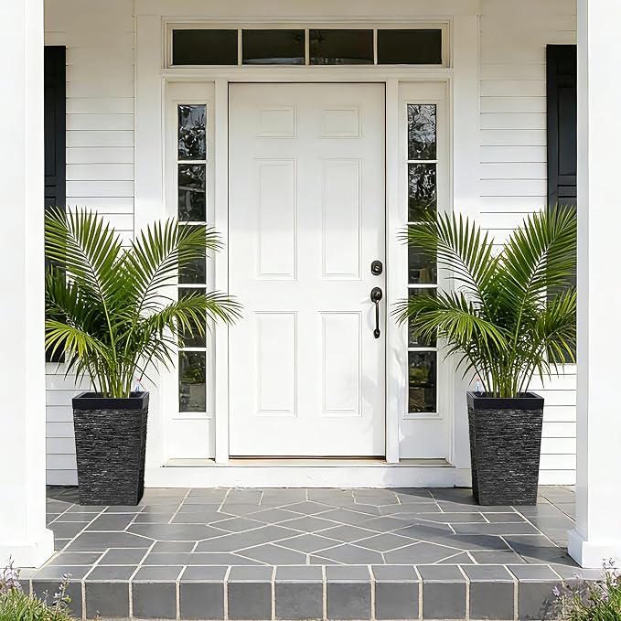 Garvee 16" Tall Planters Set of 2, Self Watering Tall Planters, Outdoor＆Indoor Planter Pots, High Front Porch Planters Pots with Drainage Holes＆Water Level Monitor, Black