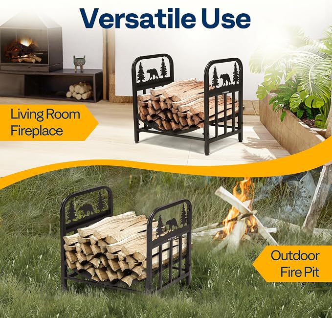 VIVOHOME 16.5 in Decorative Firewood Storage Log Rack with Bear Pattern, Solid Wrought Iron Fireplace Wood Holder Stacker, Indoor Outdoor Waterproof Rustproof