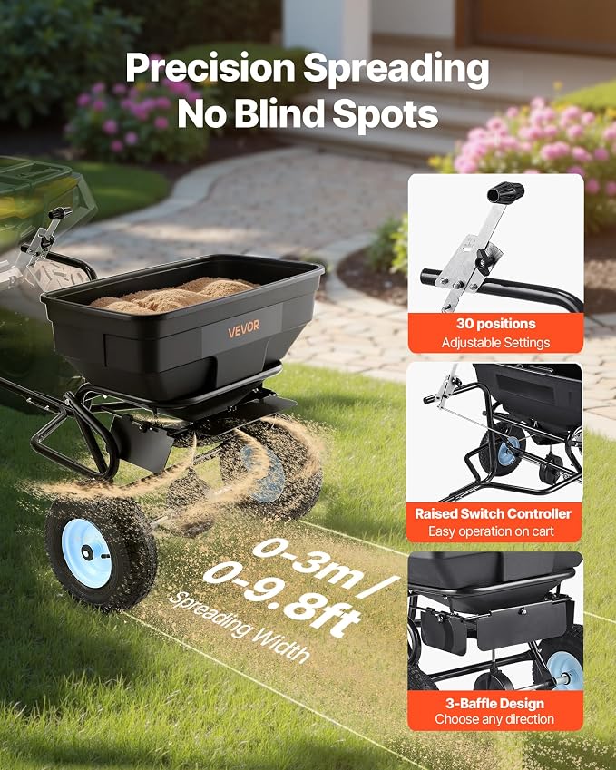VEVOR Tow Behind Broadcast Spreader, 130LBS Capacity, Tow/Push Garden Spreader with 13 in Tires, 30 Adjustable Setting & 9.8 ft Spreading Width, Lawn Spreaders for Seed, Fertilizer, Salt, Ice Melt