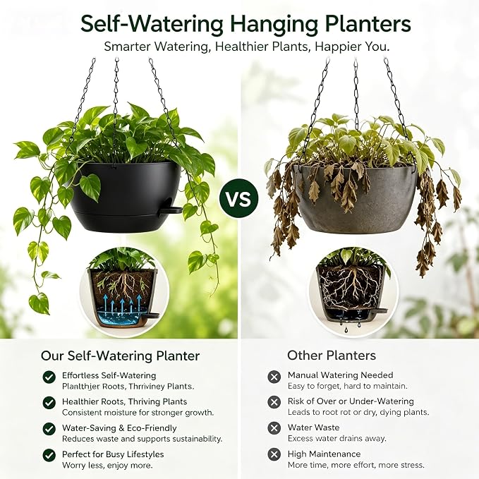 12 Inch Self Watering Hanging Planters 2 Pack, Black. | Plastic planters with drainage holes and saucers. Suitable for indoor, outdoor, kitchen, balcony and garden plant decor.
