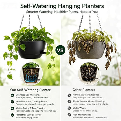 12 Inch Self Watering Hanging Planters 2 Pack, Black. | Plastic planters with drainage holes and saucers. Suitable for indoor, outdoor, kitchen, balcony and garden plant decor.