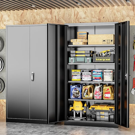 INTERGREAT Black Metal Storage Cabinet Doors, 72" Locking Steel Storage Cabinet with Shelves, Tall Metal Cabinet Lockable Steel Cabinets for Home Office, Garage