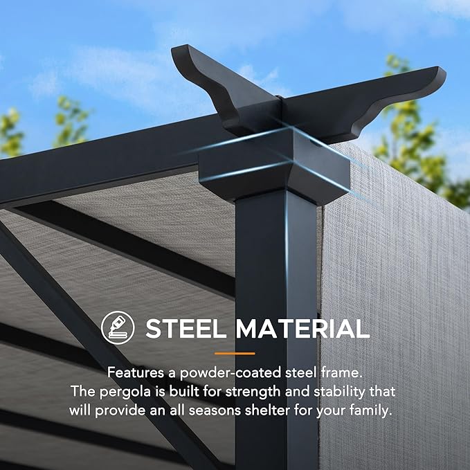 Sunjoy 9 x 9 ft. Pergola, Outdoor Patio Matte Black Steel Classic Frame Pergola with Retractable White Canopy Shade for Backyard, Garden Activities, Light Gray
