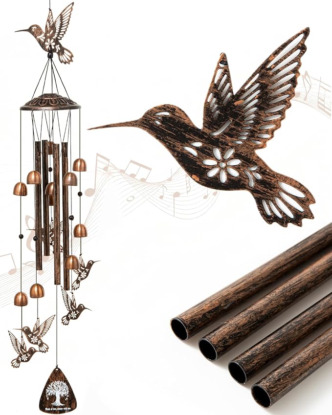 Hummingbird Wind Chimes for Outside, Metal Outdoor Wind Chime with Aluminum Tubes, Hummingbird Garden Decor for Patio Porch Yard, Memorial Sympathy Gift for Mom Women