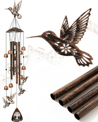 Hummingbird Wind Chimes for Outside, Metal Outdoor Wind Chime with Aluminum Tubes, Hummingbird Garden Decor for Patio Porch Yard, Memorial Sympathy Gift for Mom Women