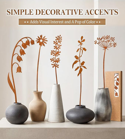 VIS'V Decorative Garden Stakes, Metal Flower Plant Yard Art Stakes, 5 Pcs | 15.7 In Length, Pre-rusted Finish, Rusty Art Decor for Outdoor Indoor