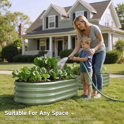 2PCS 4x2x1 FT Oval Metal Raised Garden Bed Kit, Open Bottom Design Elevated Garden Planter Box Outdoor, Trough Planter for Outdoor Plants, Flower, Vegetables, Fruit, Herbs (Green)