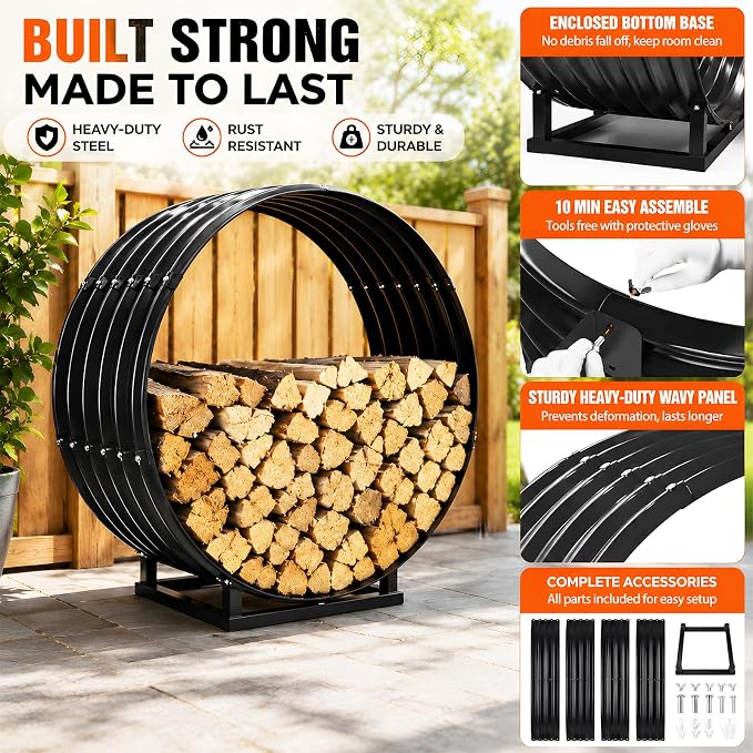24" Firewood Rack with Roof Cover, Indoor & Outdoor Log Holder Keeps Firewood Dry, Clean & Organized for Fireplace, Patio & Backyard, Heavy-Duty Steel Wood Storage Rack, 400LBS Capacity