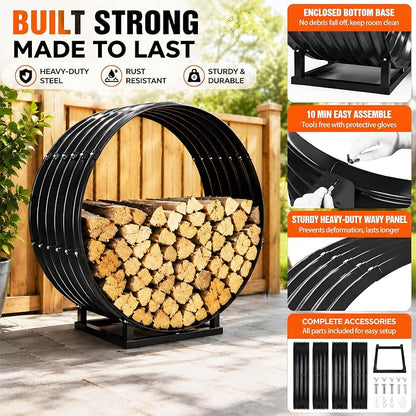 24" Firewood Rack with Roof Cover, Indoor & Outdoor Log Holder Keeps Firewood Dry, Clean & Organized for Fireplace, Patio & Backyard, Heavy-Duty Steel Wood Storage Rack, 400LBS Capacity