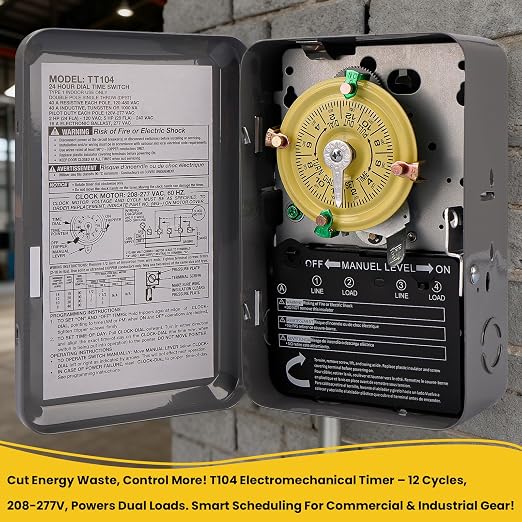 T104 Mechanical Timer Switch Replacement, 24-Hour Pool Timers for Pump | 208-277V AC DPST 40A, 24-hour 12 ON/Off timers for Pump Lights HVAC Systems