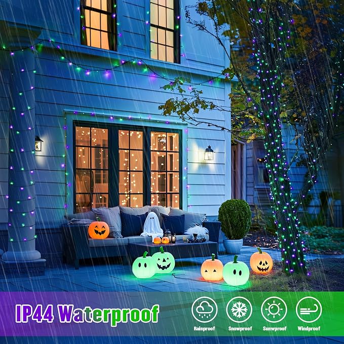 JMEXSUSS 2 Pack Solar Halloween Lights, Total 200LED 66FT, Purple and Green