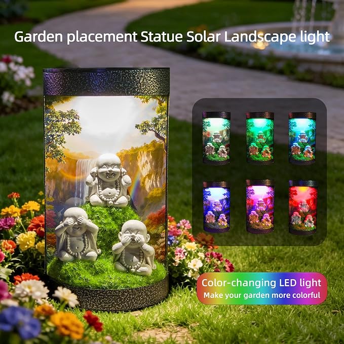 See No Evil Hear No Evil Speak No Evil Buddha Statue Solar Landscape Light,Color-Changing LED Light,Waterproof,Outdoor Garden Decoration,Automatic Light-Sensing Design,Zen-Themed