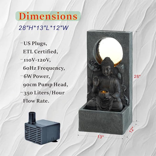 28" H Outdoor Buddha Waterfall Fountain, Freestanding Zen Style LED Water Feature with Relaxing Cascading Flow, Resin Asian Decor for Patio Garden Backyard Deck Home