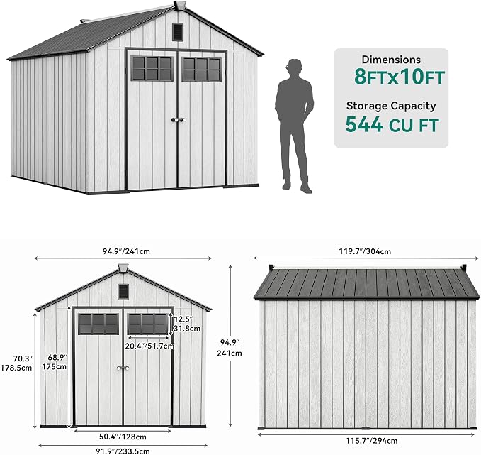 YITAHOME 8x10 FT Outdoor Storage Shed with Floor, Extra Thick Plastic Garden Shed for Bikes, Tools and Pool Supplies, Resin Storage Shed with Door, Window Insert & Vents for Patio Lawn Backyard, Gray