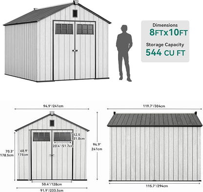 YITAHOME 8x10 FT Outdoor Storage Shed with Floor, Extra Thick Plastic Garden Shed for Bikes, Tools and Pool Supplies, Resin Storage Shed with Door, Window Insert & Vents for Patio Lawn Backyard, Gray