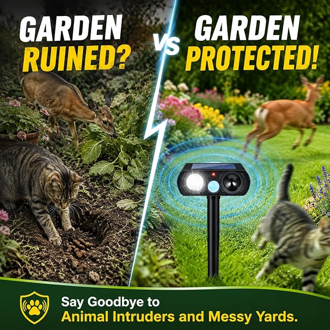 2026 Sonic Fortress Pro Deer Repellent Devices for Plants,4Pack Feral Cat Repellent Outdoor Solar Ultrasonic Animal Repellent with Motion Sensor&Flash Light,Raccoon Fortress Pro for Vegetable Garden