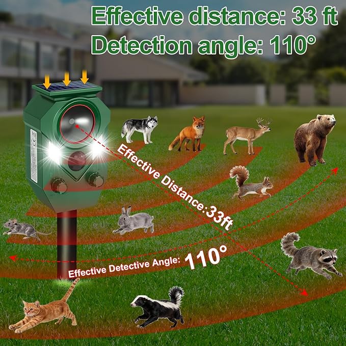 Ultrasonic Animal Repeller Outdoor,Cat Repellent & Deterrent with PIR Sensor & Flashing Light,Solar Powered Deer Repellent Device for Squirrels,Raccoons,Skunks,Rabbits,and Dog,IP65 Waterproof - 2 Pack