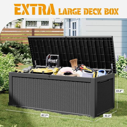 NUNU LAB 300 Gallon Outdoor Storage Box,Resin Large Sturdy Deck Box, Backyard Outside Storage Box Waterproof with Double Wall Panels,Package Delivery Garden Outdoor Hose Bin