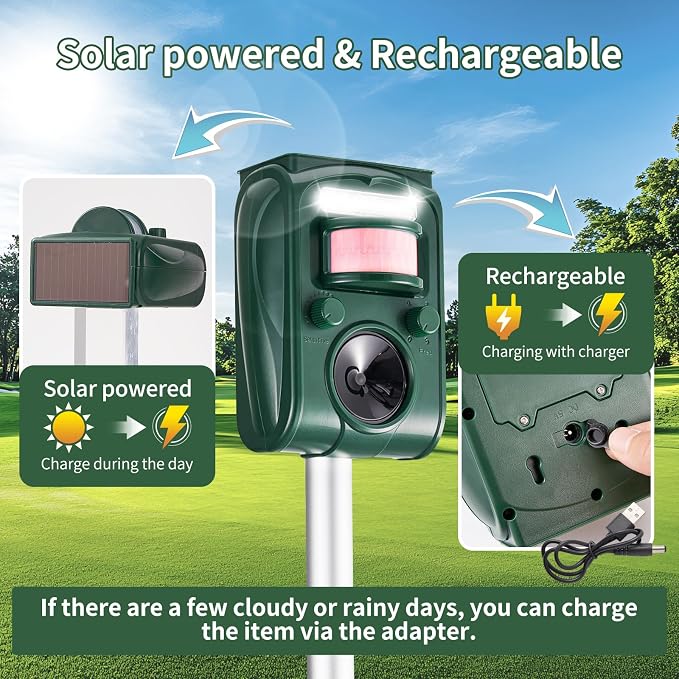 Adjustable-Mode Solar Ultrasonic Animal Repellent, Squirrel Deer Cat Raccoon Repellent Device, Outdoor Waterproof Motion Detection Animal Deterrent, Rabbit Dog Deterrent for Yard, 2P Dark Green