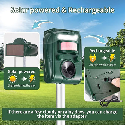 Adjustable-Mode Solar Ultrasonic Animal Repellent, Squirrel Deer Cat Raccoon Repellent Device, Outdoor Waterproof Motion Detection Animal Deterrent, Rabbit Dog Deterrent for Yard, 2P Dark Green