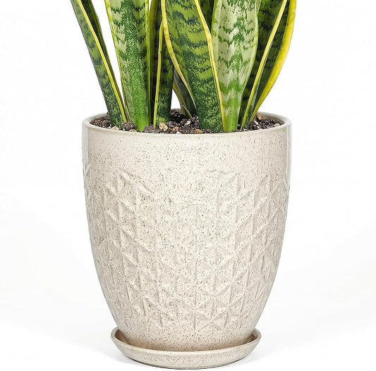 11.8 Inch Flower Pots for Indoor Plants,Ceramic Planter with Saucer Drainage Leak-Proof Mesh Gardening Gloves (Silk-White)