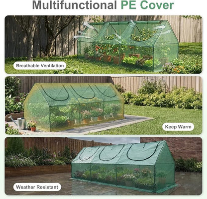 Aoodor 9 x 3 x 3 ft Mini Greenhouse with 3 Zipper Doors, Water-Resistant, UV-Protected for Flowers, Vegetables, and Herbs, Green