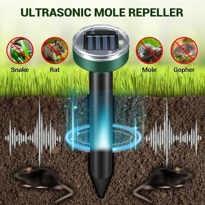 Mole Repellent for Lawns - Gopher Repeller Ultrasonic Solar Powered Vole Repellent Outdoor Waterproof Rat Deterrent Spikes Repellent Snake,Chipmunk,Groundhog,Sonic Mole Stakes for Garden,Yard
