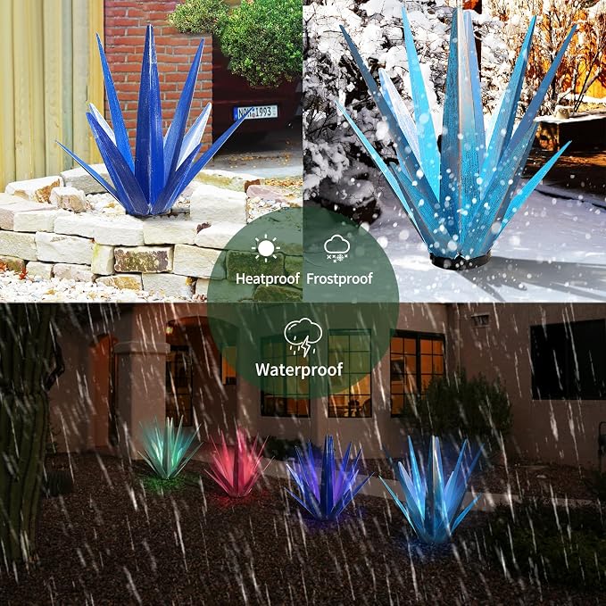 KODIBO Large Tequila Rustic Sculpture, Rustic Metal Agave Plants for Outdoor Patio Yard, Home Decor Hand Painted Metal Agave Garden Yard Statue, Outdoor Lawn Ornaments (Dark Blue - L (W/Solar Light))
