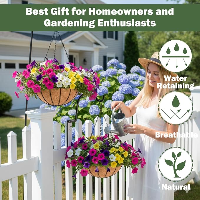 4 Pack 8 Inch Hanging Baskets for Plants Outdoor Metal Hanging Planter Basket with Coco Coir Liner Hanging Flower Baskets Hangings Flower Pots Holder for Garden, Patio(Watermelon)
