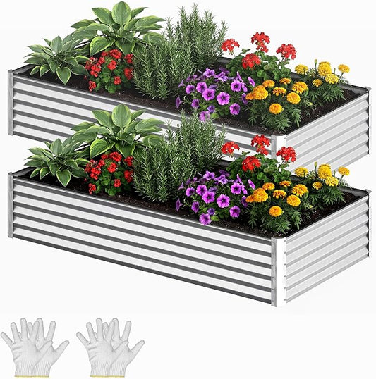 YITAHOME 2pcs 8x4x1.5ft Galvanized Raised Garden Bed, Metal Planter Box with Safety Rubber, Gloves, Outdoor Flower Bed for Planting Plants Vegetables, Silver