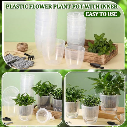 36 Pcs Self Watering Pots 3.5 Inch, 4.3 Inch Plastic Flower Plant Pot with Inner Pot Self Watering Wick Planter White Clear Flower Pots for Indoor House Plants Herbs, Flowers, (Transparent)