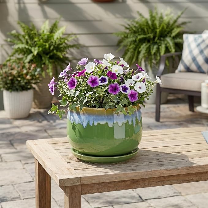 9 Inch Indoor Plant Pots - Ceramic Planters for Indoor Plants, Decorative Planter with Drainage and Saucer, Round Flower Pot, Porch Garden Office Decor, Gardening Gifts for Women, Green-Blue
