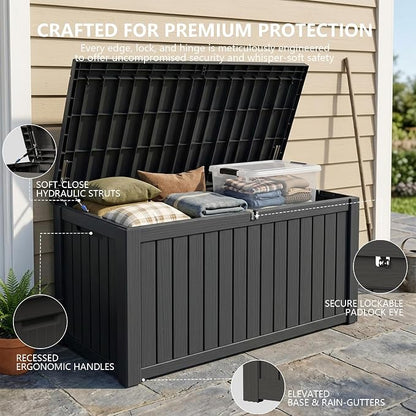 Outdoor Storage Box, 180 Gallon Waterproof Deck Box [Upgraded 3.0], Piston-Lift Tall Standing Cabinet for Oversized Cushions, Lockable Deep Tool Organizer Storage Bench, Large Lawn, Black
