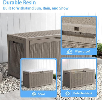 100 Gallon Deck Box, Waterproof Resin Rattan Outdoor Storage Box Lockable for Patio, Fade Resistant Outdoor Side Table & Organizer for Garden Tools, Pool Floats, Outdoor Cushions, Light Coffee