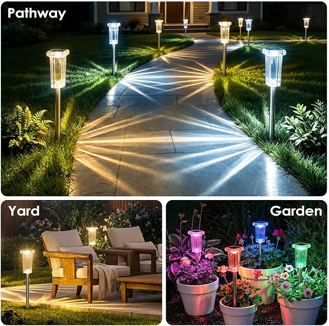 DenicMic Solar Pathway Lights Outdoor Waterproof 4 Pack 10 Lighting Mode | 3000K/4000K/6000K Fix Color Changing LED Acrylic Stainless Steel Crystal Style Star Pattern Yard Garden Landscape Path Lights