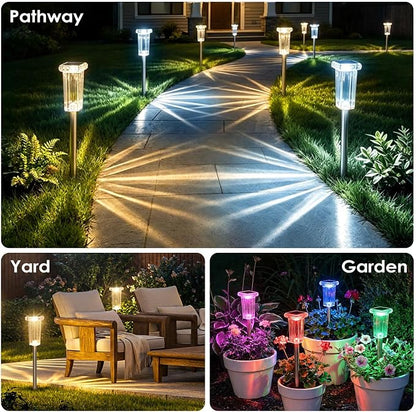DenicMic Solar Pathway Lights Outdoor Waterproof 4 Pack 10 Lighting Mode | 3000K/4000K/6000K Fix Color Changing LED Acrylic Stainless Steel Crystal Style Star Pattern Yard Garden Landscape Path Lights