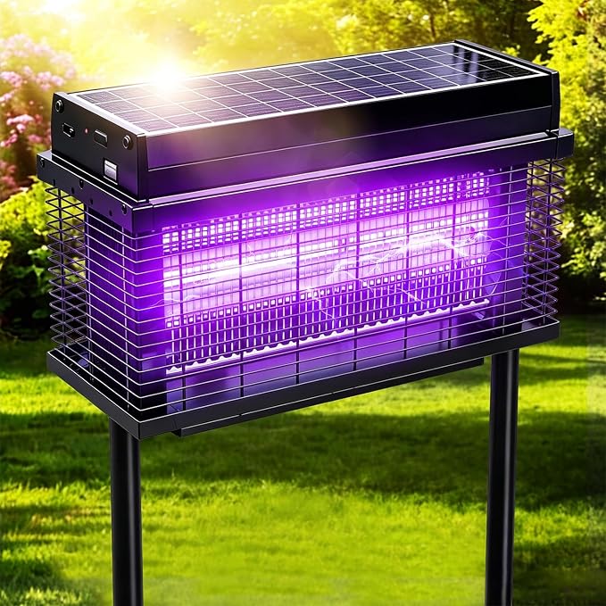 Solar Bug Zapper Outdoor, Purple UV Mosquito Zapper with Smart Rain Off Rechargeable Mosquito Killer Lamp, Wireless Solar Powered Fly Trap for Yard Patio(Midnight Black)