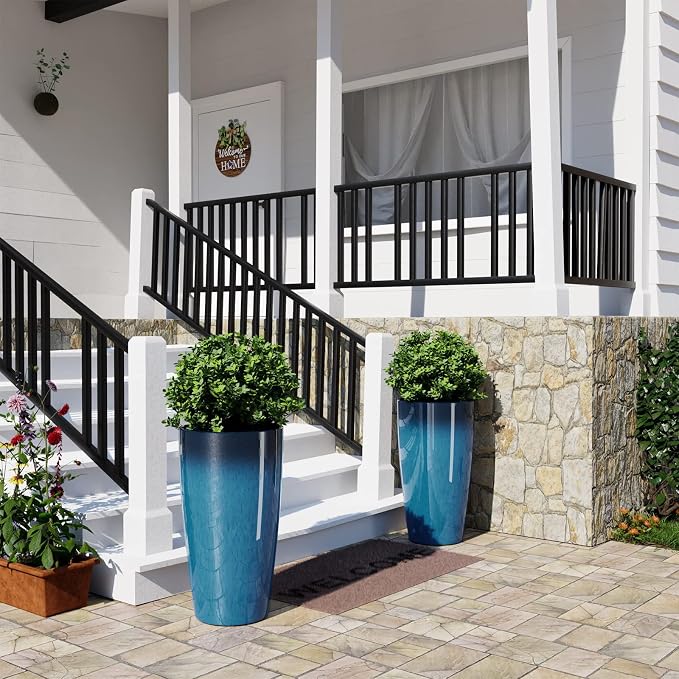 QCQHDU 21 inch Tall Planters for Outdoor & Indoor Plants, Set of 2 Large Outdoor Planters with Drainage Hole for Front Porch, Patio, Garden, Home Decor, Blue