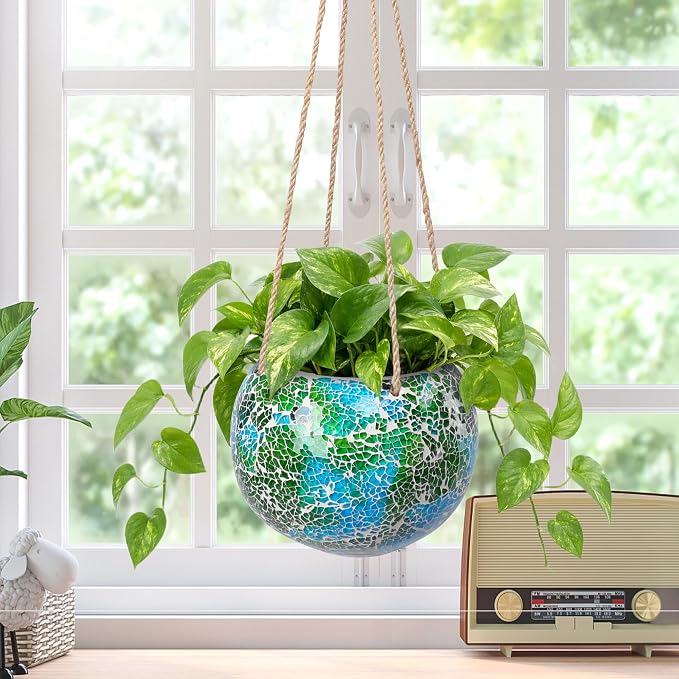 Hanging Planter Mosaic Garden Pot Small Flower Pot for Indoor Plant Disco Ball Hanging Planter with Drainage Green