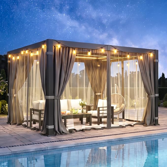 10' x 12' Louvered Pergola, Outdoor Pergola with Curtains & Netting, Aluminum Frame Patio Pergola with Adjustable Louvers Roof & Gutter System, Hardtop Gazebo for Patio, Deck, Garden, Yard, Dark Gray