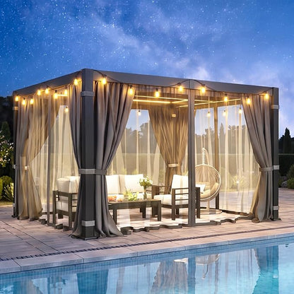 10' x 12' Louvered Pergola, Outdoor Pergola with Curtains & Netting, Aluminum Frame Patio Pergola with Adjustable Louvers Roof & Gutter System, Hardtop Gazebo for Patio, Deck, Garden, Yard, Dark Gray